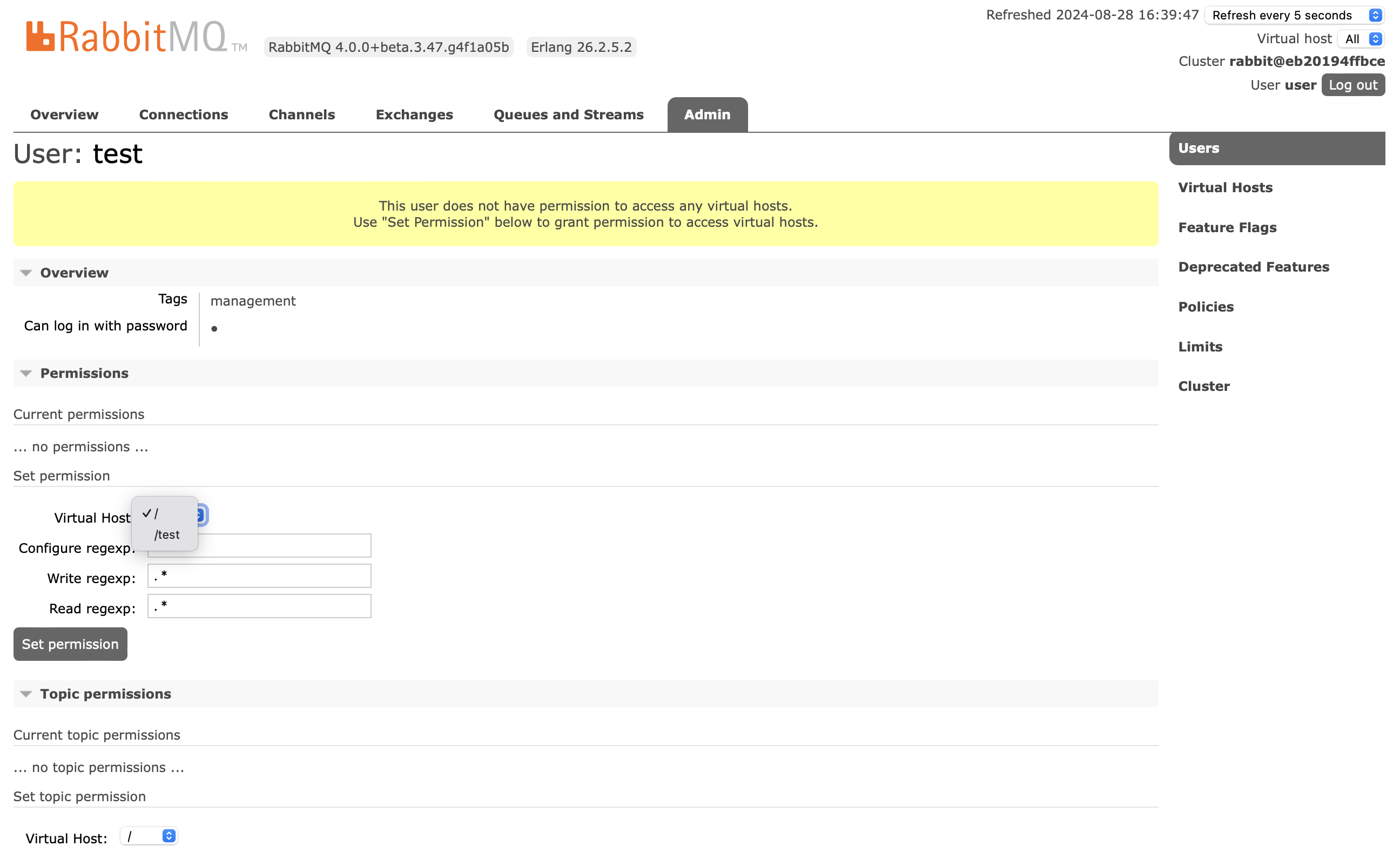 Rabbit MQ 配置用户 Virtual Host 权限
